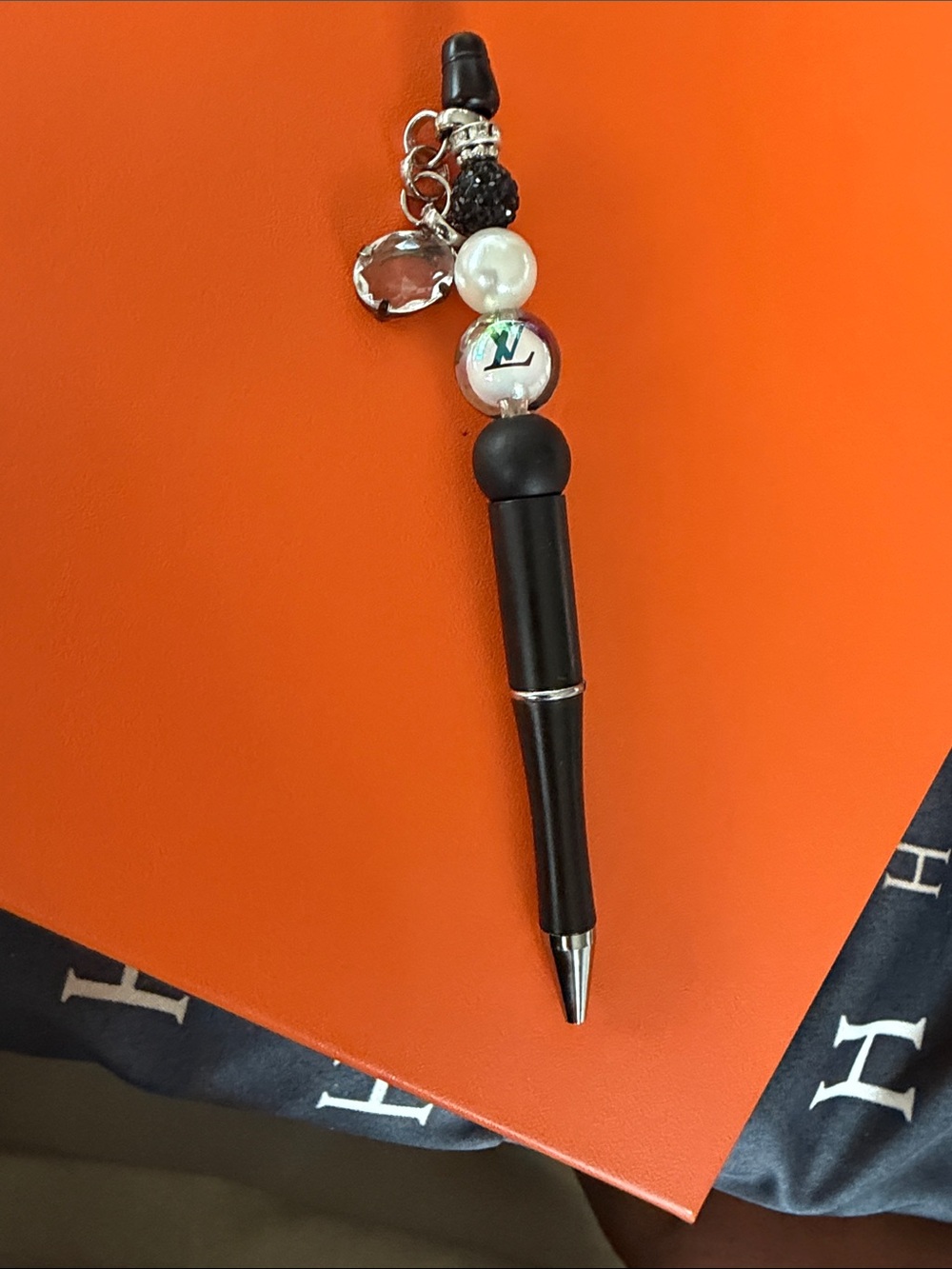 Handcrafted Black Beaded Charm Pen with Accent